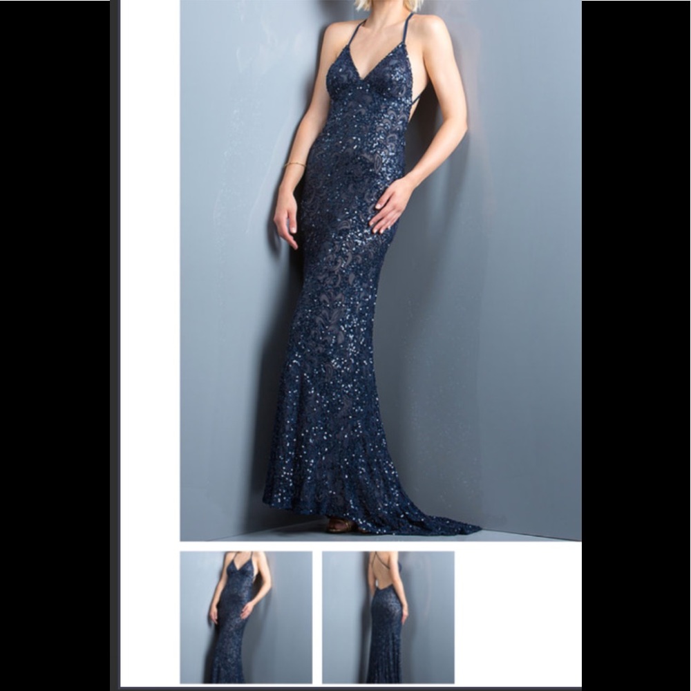 Scala Navy Sequin Halter Prom Dress